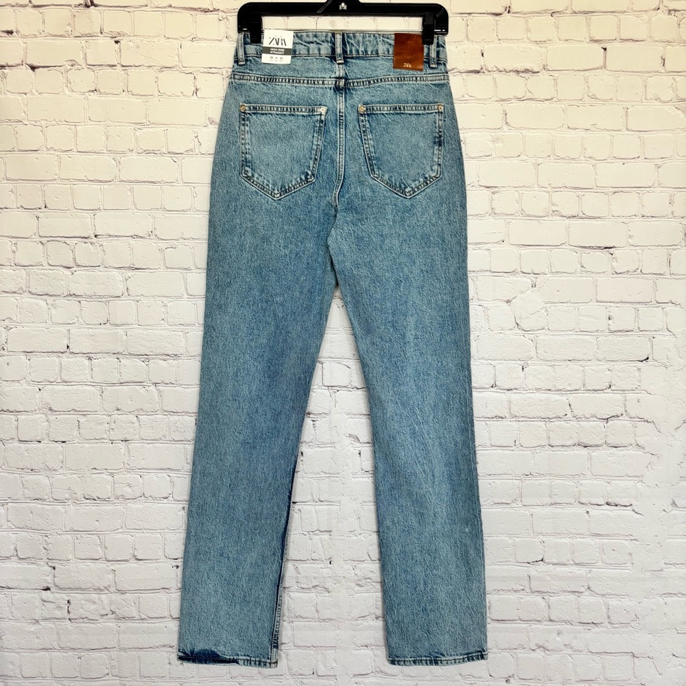 ZARA High Rise Full Length Straight Leg Blue Jeans--6 - Picture 4 of 16